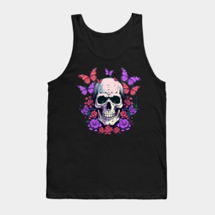 Psychedelic Neon Skull with Roses and Butterflies Tank Top